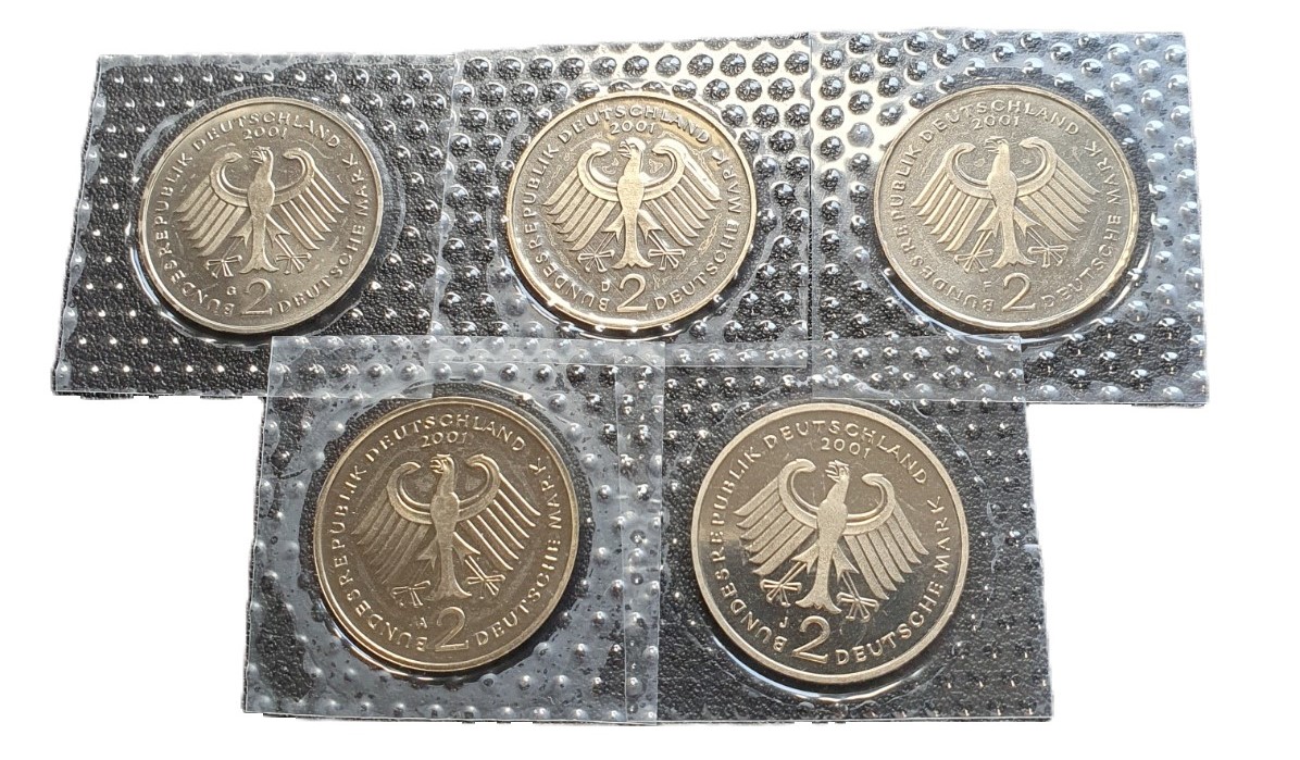  BRD Satz 2 DM Deutsche Mark 2001 ADFGJ 5 Münzen in Spiegelglanz Franz Josef Strauß (001)   