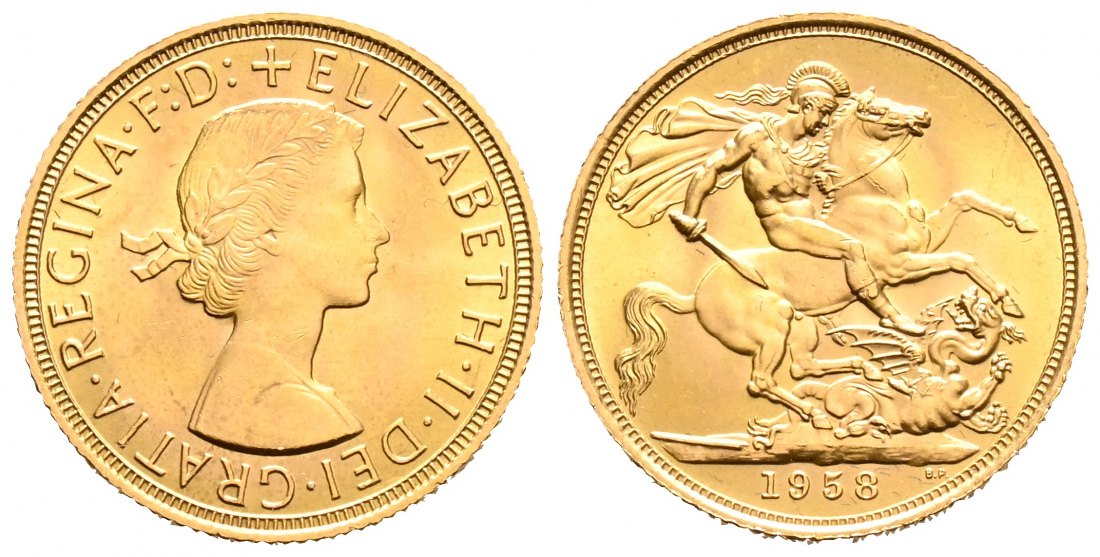 PEUS 1665 Grossbritannien 7,32 g Feingold. Elizabeth II. (1952 - 2022) Sovereign GOLD 1958 Vorzüglich / Stempelglanz