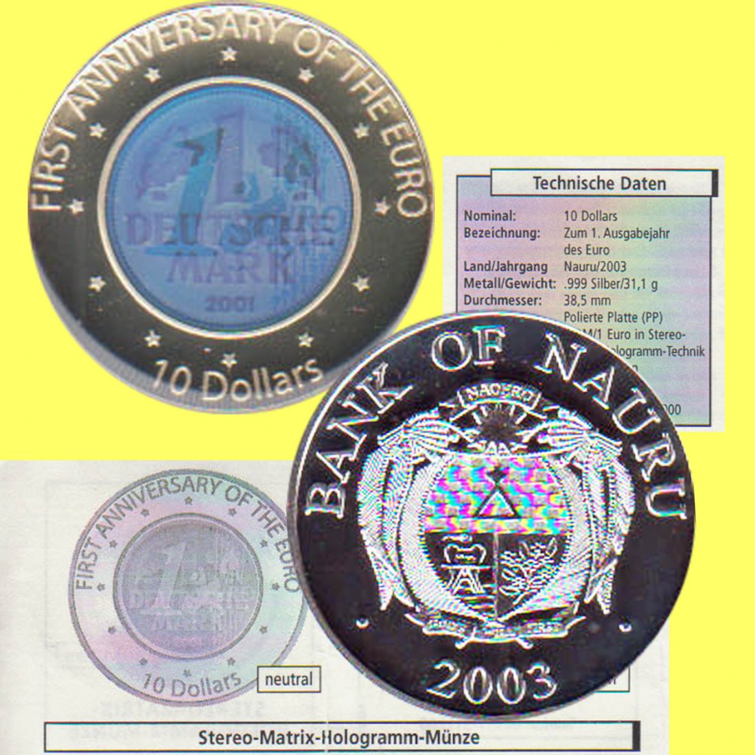  Nauru 10$-Silbermünze *1. Stereo-Matrix-Hologramm-Münze - 1€/1DM* 2003 1oz PP nur 5.000St!   