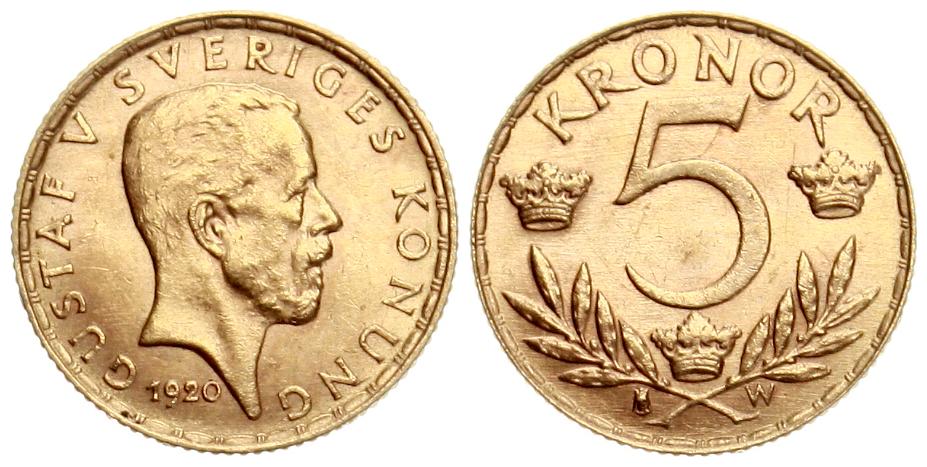  Schweden: Gustav V., 5 Kronor 1920, Gold, Prachtvoll erhalten, siehe Bilder!   