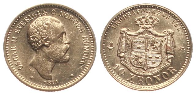  Schweden: Oskar II., 10 Kronor 1874, Gold (4,48 gr. 900er), TOP-EXEMPLAR, siehe Bilder   