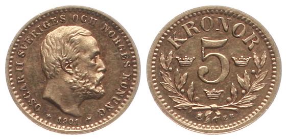  Schweden: Oskar II., 5 Kronor 1901, Gold (2,24 gr. 900er), TOP-EXEMPLAR, siehe Bilder   