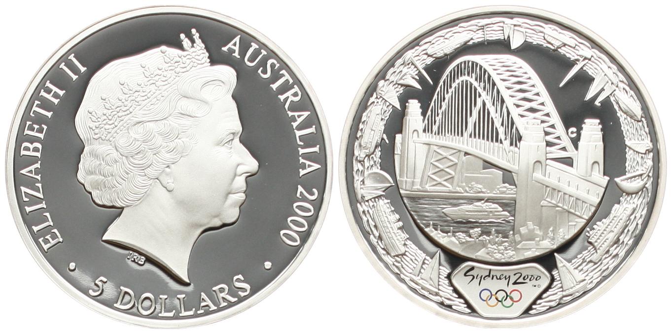  Australien: 5 $ 2000, 1 Unze Silber(31,1 gr.) zur Olympiade Sidney mit Farbapplikation!   