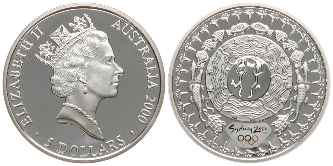  Australien: 5 $ 2000, 1 Unze Silber(31,1 gr.) zur Olympiade Sidney mit Farbapplikation!   