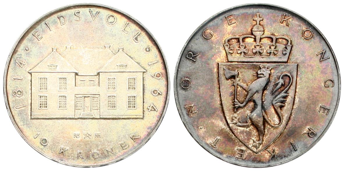  Norwegen: Olav V., 10 Kroner 1964, 20 gr. 900er Silber, auf das Grundgesetz, wunderbare Patina!!   