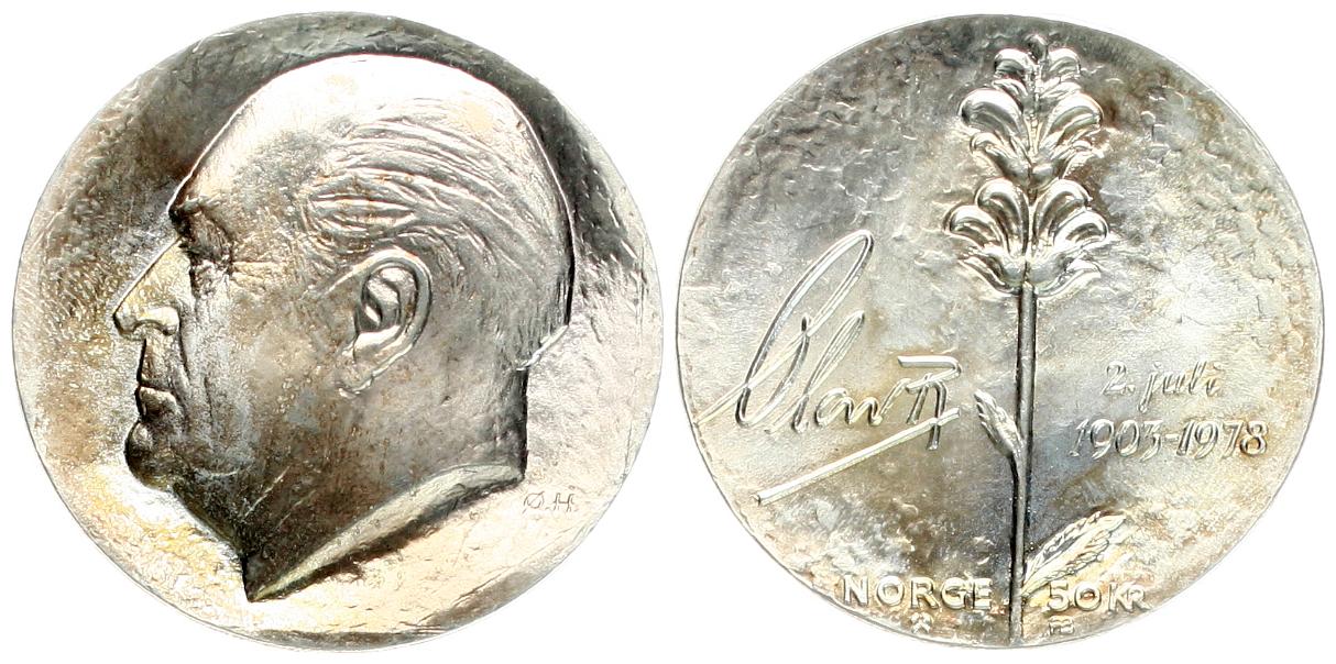  Norwegen: Olav V., 50 Kroner 1978, 27,3 gr. 925er Silber, 75. Geburtstag, hübsche Patina!!   
