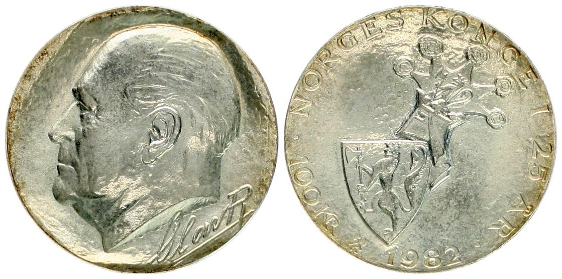  Norwegen: Olav V., 100 Kroner 1982, 25,73 gr. 925er Silber, 25 jähriges Regierungsjubiläum   