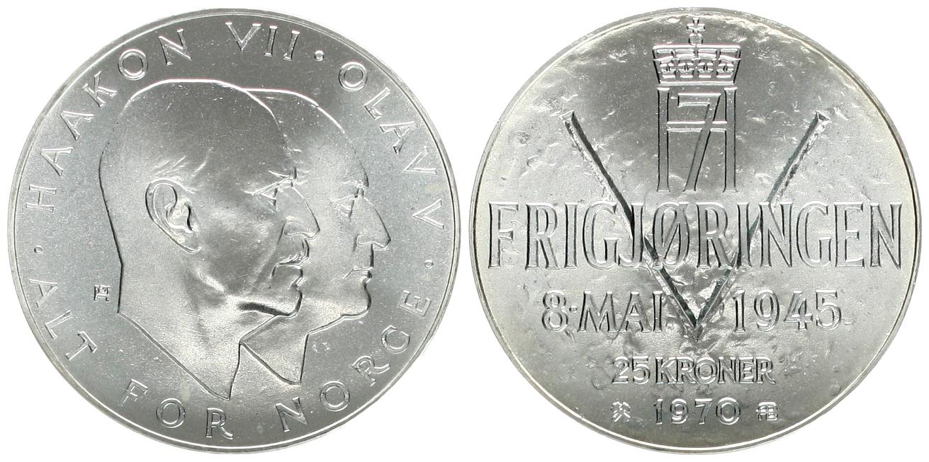  Norwegen: Olav V., 25 Kroner 1970, 29,00 gr. 875er Silber, 25 jähriges Regierungsjubiläum   