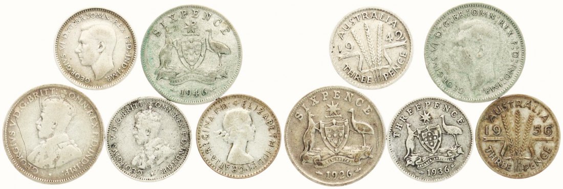  Australien: Kleines Lot von 5 Silbermünzen. Zusammen 9,64 gr., siehe Bilder!   