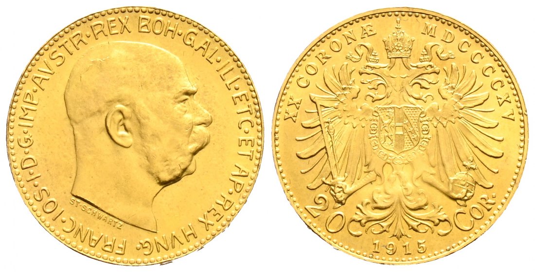 PEUS 1667 Österreich 6,1 g Feingold. Franz Joseph I. (1848 - 1916) 20 Kronen (off.NP) GOLD 1915 Fast Stempelglanz