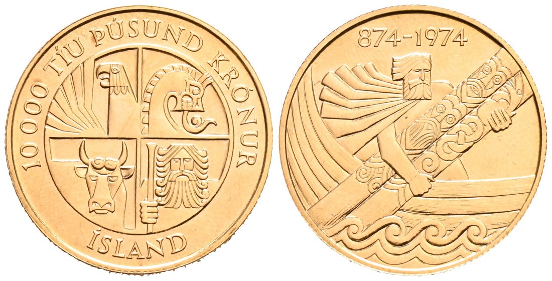 PEUS 1668 Island 13,95 g Feingold. 1100. Jubiläum erste Ansiedlung 10000 Kronur GOLD 1974 Stempelglanz
