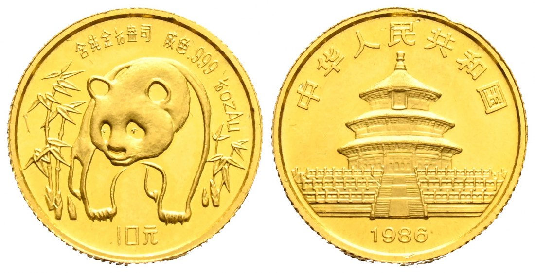 PEUS 1669 China 3,11 g Feingold. Panda zwischen Bambus 10 Yuan GOLD 1/10 Unze 1986 Vorzüglich +