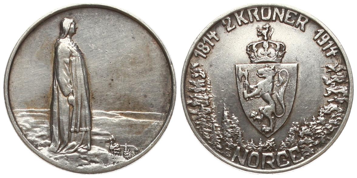  Norwegen: Håkon VII., 2 Kroner 1914. zum 100 jährigen jubil. der Verfassung, Silber, schöne Patina!   