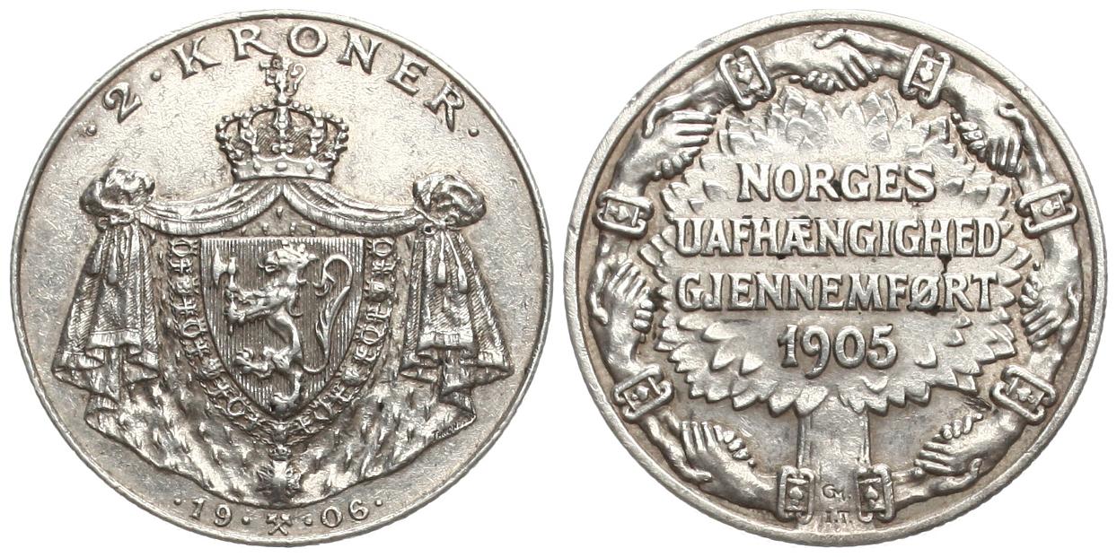  Norwegen: Håkon VII., 2 Kroner 1906, selten!! Silber, mit grossem Wappenschild, siehe Bilder!   