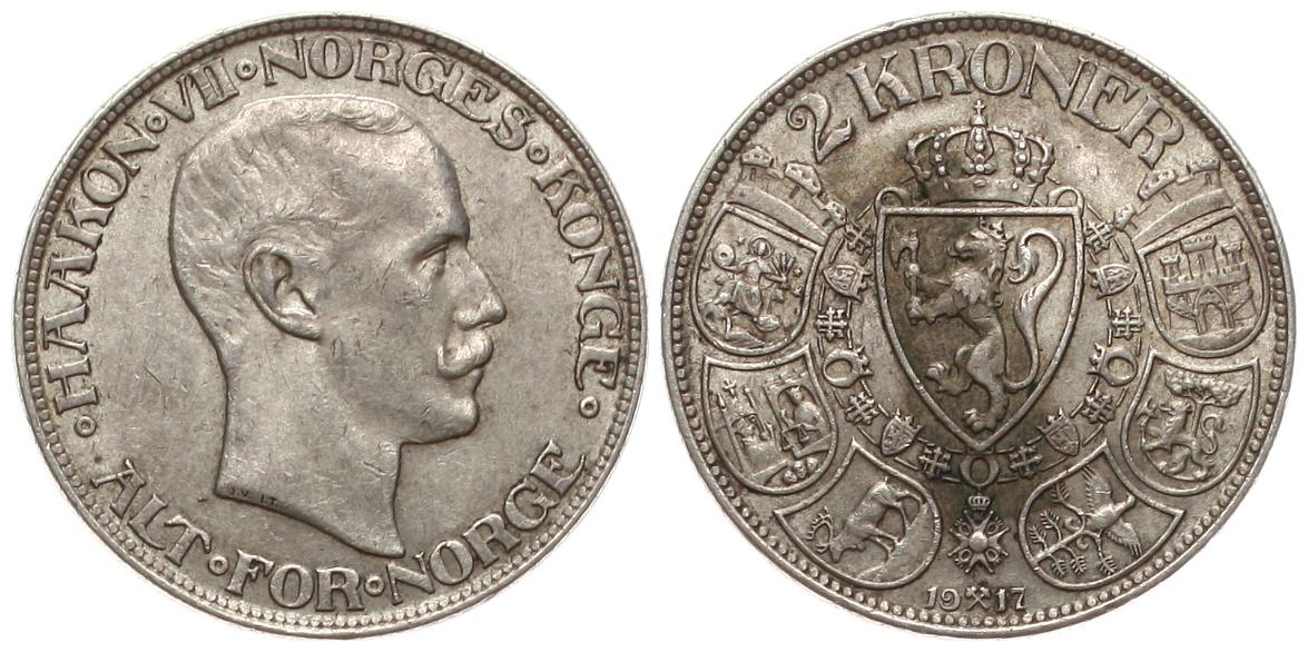  Norwegen: Håkon VII., 2 Kroner 1917, 15 gr. 800 er Silber, Patina!   