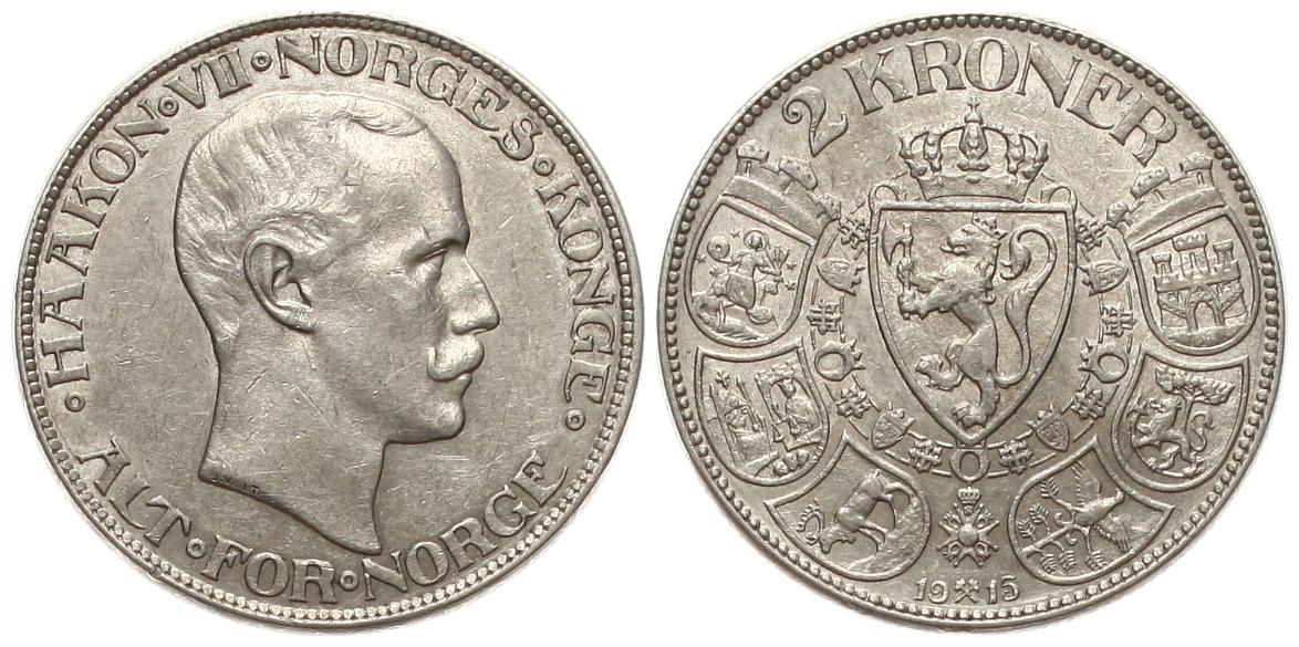  Norwegen: Håkon VII., 2 Kroner 1915, 15 gr. 800 er Silber, etwas Patina!   