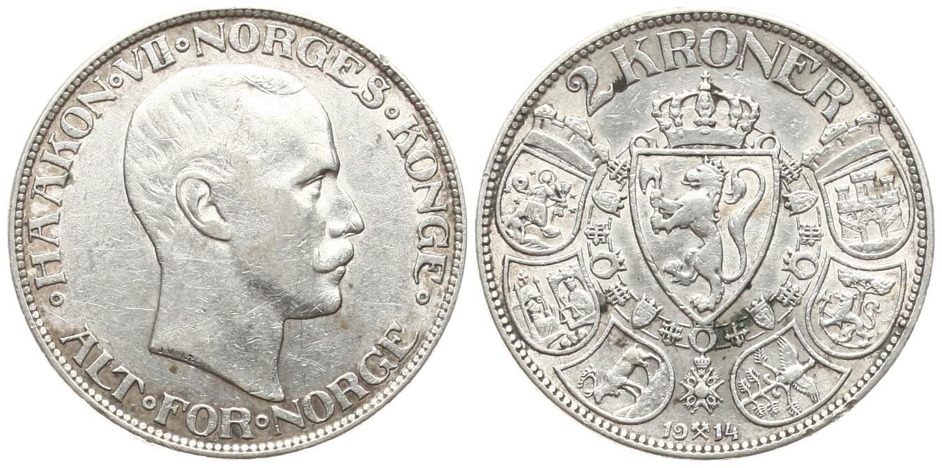  Norwegen: Håkon VII., 2 Kroner 1914, 15 gr. 800 er Silber, besseres Jahr!   