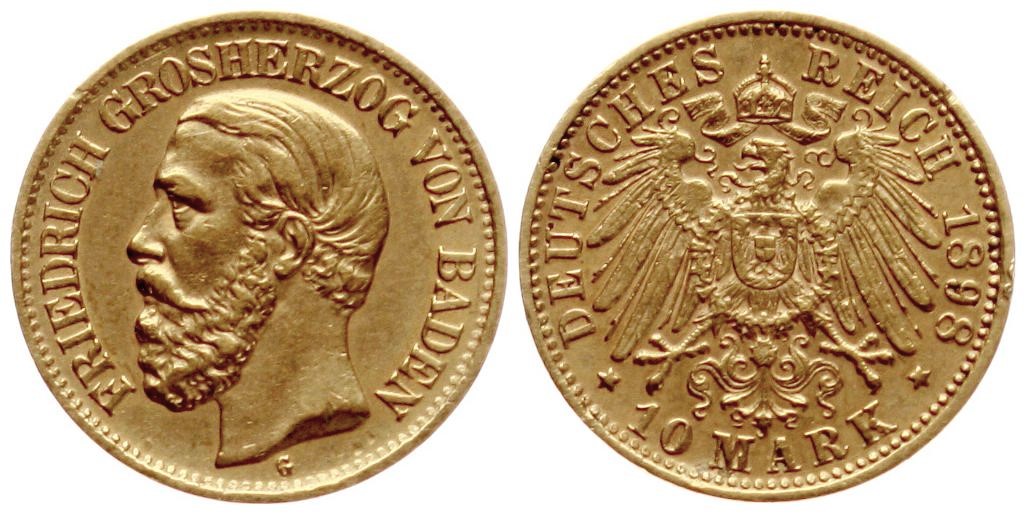  Baden: Friedrich, 10 Mark 1898, 3,92 gr. 900er Gold!!   