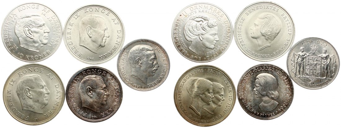  Dänemark: Feines Lot von 5 Silbermünzen, Gesamt 90,2 gr. mit 74,56 gr. Feinsilber, siehe Bilder!   