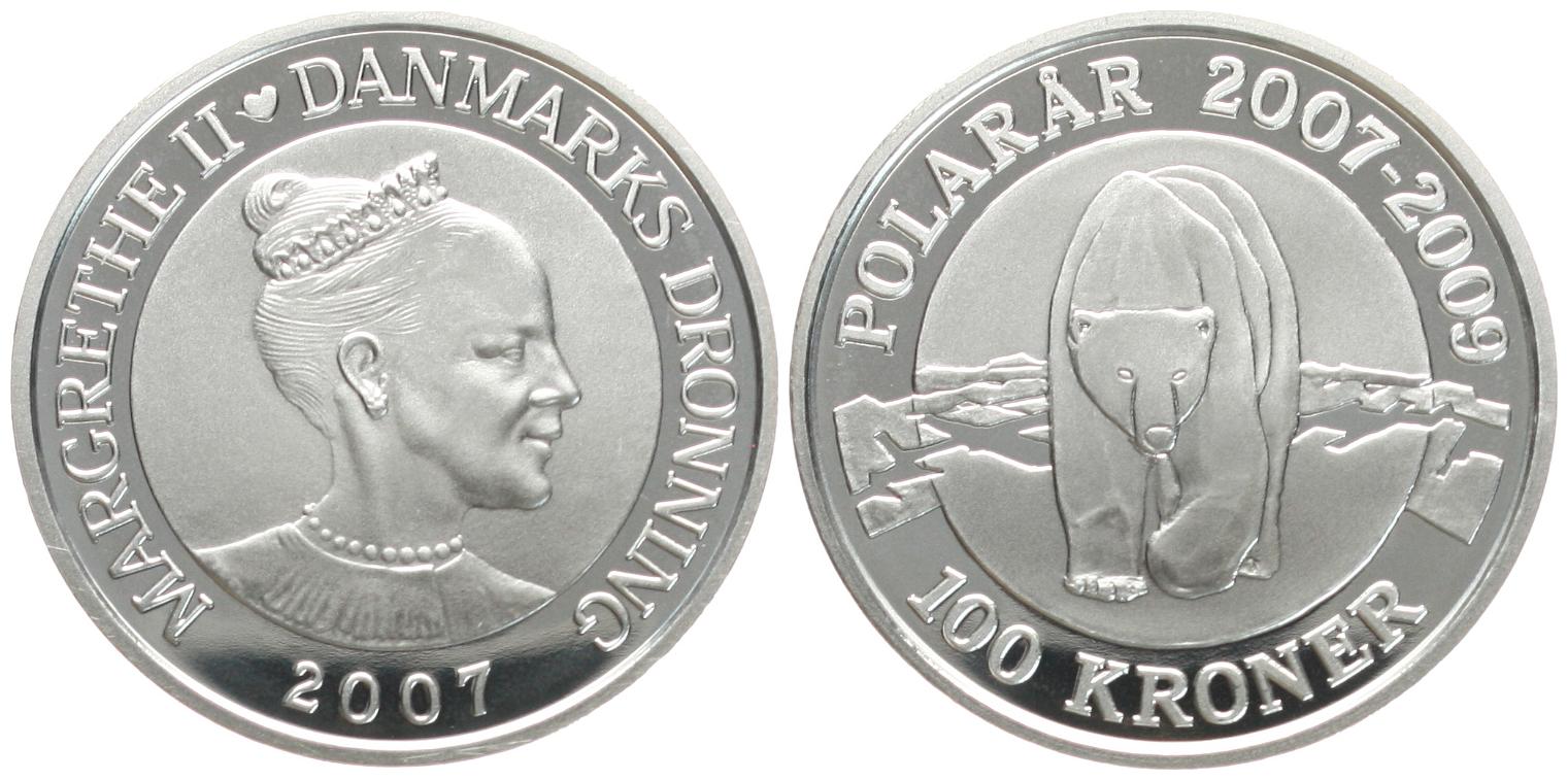  Dänemark: Margrethe II., 100 Kroner 2007 Eisbär, 1 Unze Feinsilber, 31,1 gr., pp!   