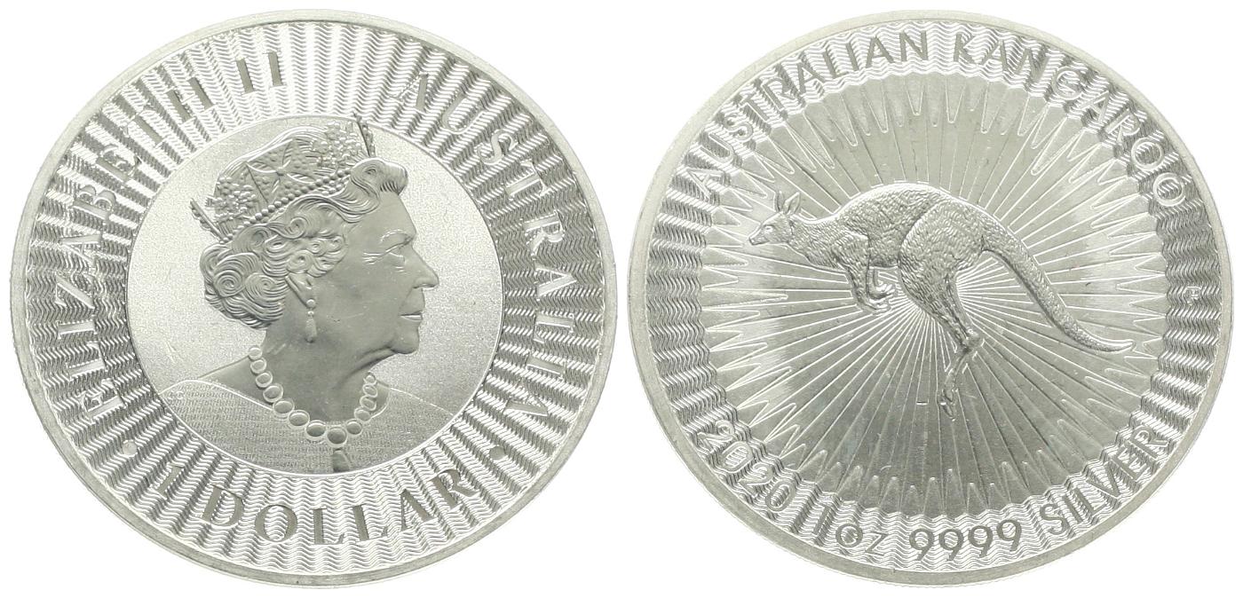  Australien: Elisabeth II., 1 Dollar 2020, 1 Unze Feinsilber (31,1 Gramm), Känguru   