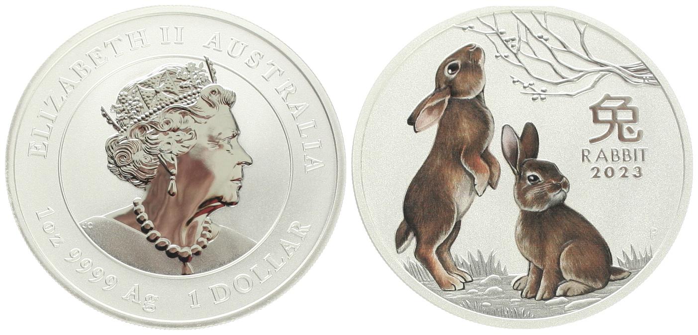  Australien, 1 Dollar 2023 zum Jahr des Hasen. 1 Unze reines Silber (31,1 Gramm) mit Farbapplikation!   