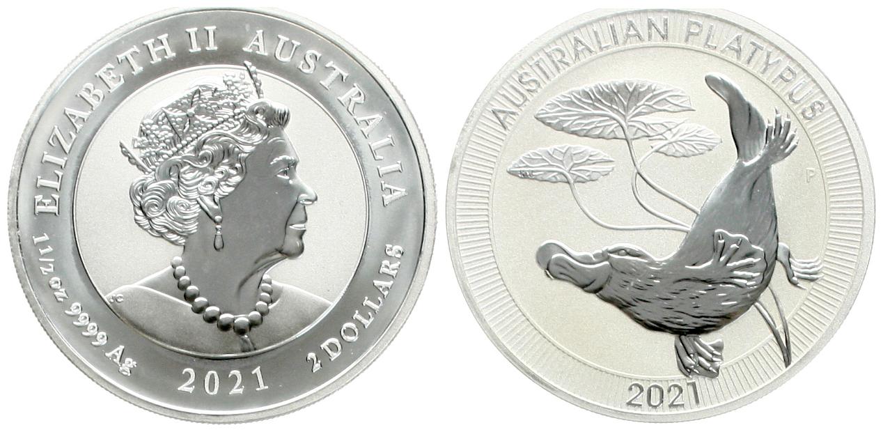  Australien: Elisabeth II., 2 Dollars 2021, 1,5 (!) Unzen Feinsilber (46,65 Gramm), Austr. Platypus   