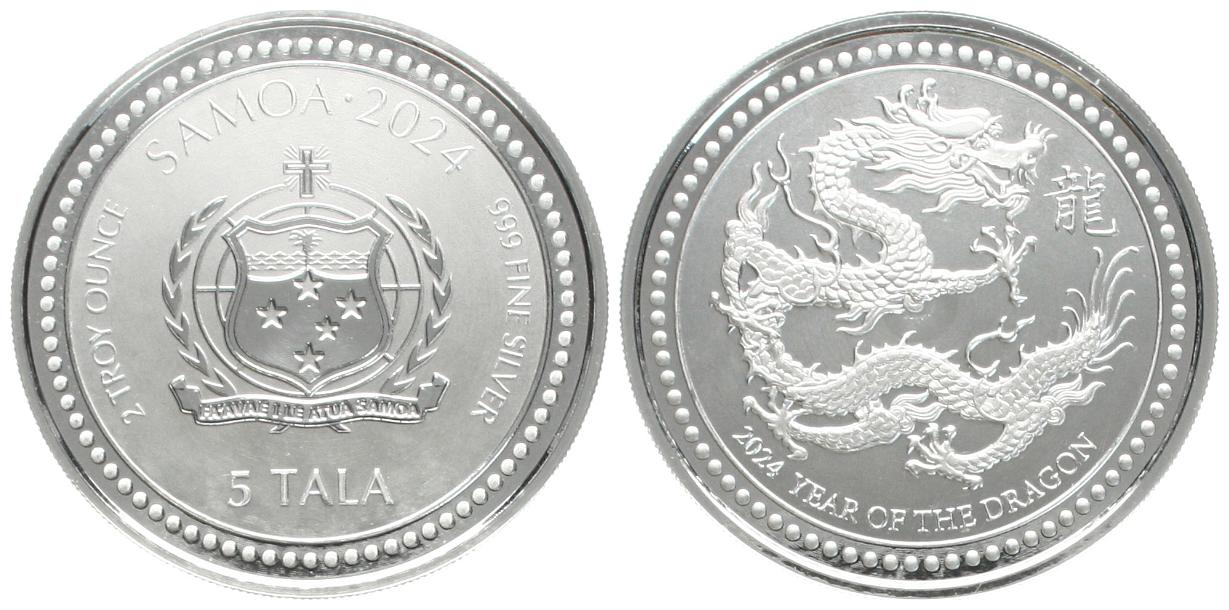  Samoa: 5 Tala 2024 Jahr des Drachen, 2 Unzen reines Silber (62,2 gr)   