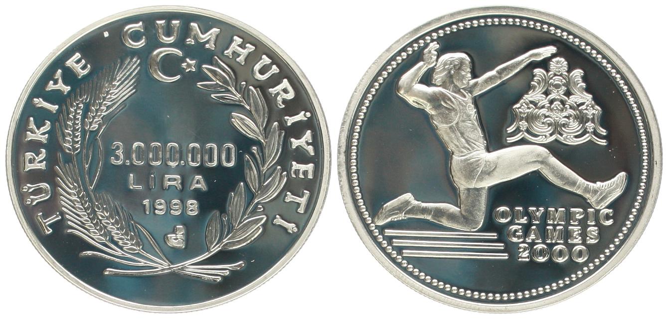  Türkei: 3.000.000 Lira 1998 zur OL Sidney, 31.55 gr. 925er Silber, KM# 1107   