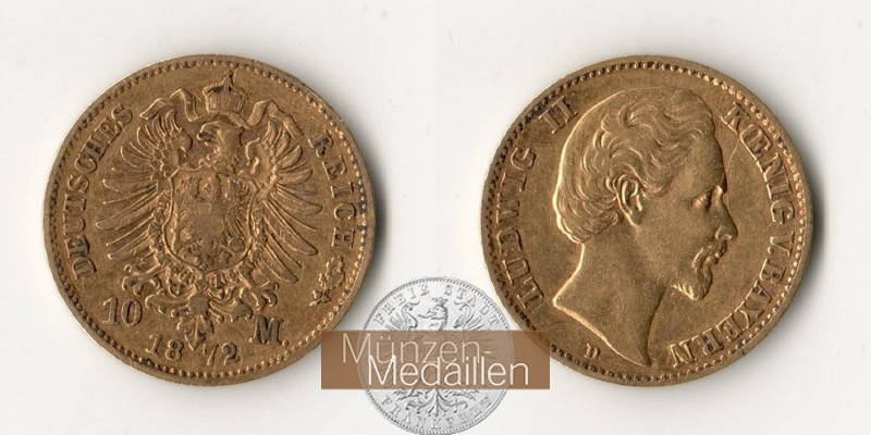 Bayern, Kaiserreich  10 Mark MM-Frankfurt Feingold: 3,58g Ludwig II. 1864-1886 1872 D 