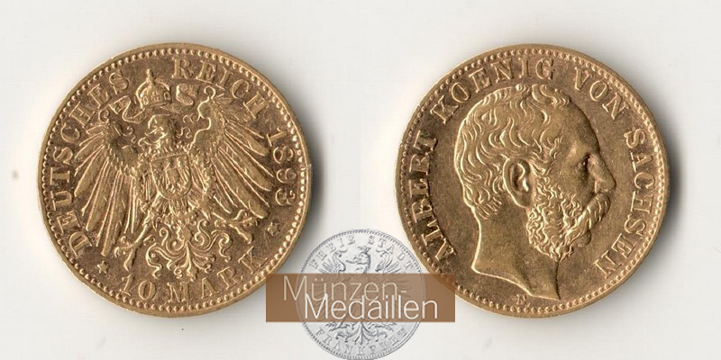 Sachsen, Königreich MM-Frankfurt Feingold: 3,58g 10 Mark 1893 E 