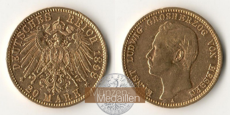 Hessen Kaiserreich MM-Frankfurt Feingold: 7,168g Ernst Ludwig 20 Mark 1898 A 