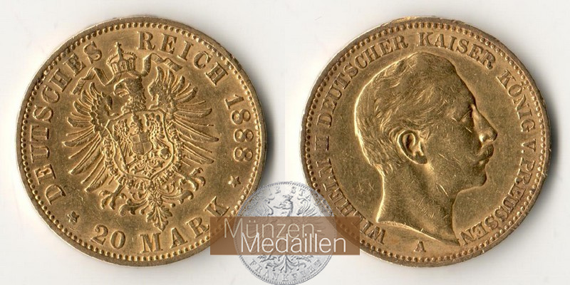Preussen, Kaiserreich    20 Mark MM-Frankfurt Feingold: 7,17g Wilhelm II 1888 A 