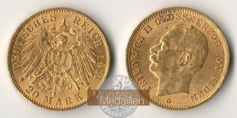 Baden, Kaiserreich  20 Mark MM-Frankfurt Feingold: 7,17g Friedrich II. 1907-1918 1911 G 