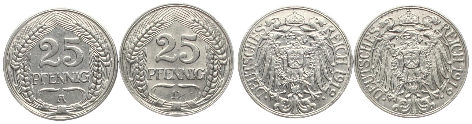  Kaiserreich: Wilhwlm II., 2 x 25 Pfennige (Ni), 1912 A & 1912 D, TOP-Erhaltungen!   