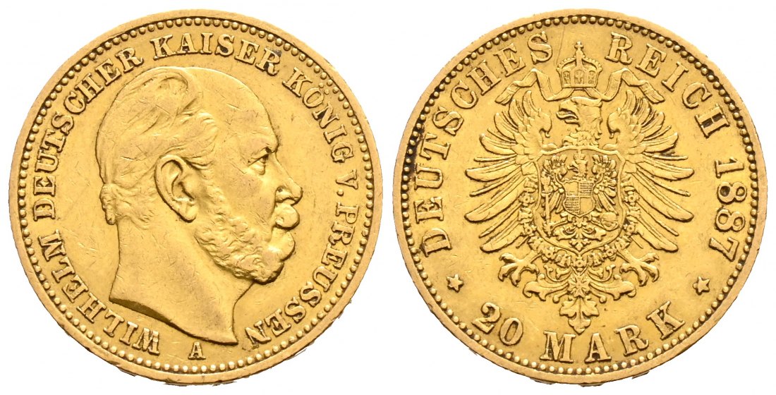 PEUS 1674 Kaiserreich - Preußen 7,16 g Feingold. Wilhelm I. (1861 - 1888) 20 Mark GOLD 1887 A Berlin Sehr schön