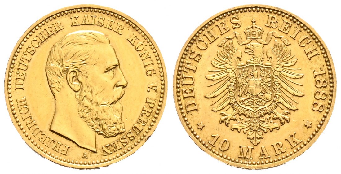 PEUS 1675 Kaiserreich - Preußen 3,58 g Feingold. Friedrich III. (09.03.- 15.06.1888) 10 Mark GOLD 1888 A Kl. Randfehler, Sehr schön +