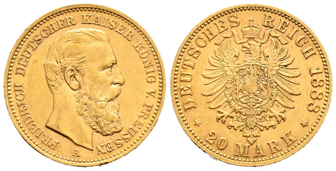 PEUS 1676 Kaiserreich - Preußen 7,16 g Feingold. Friedrich III. (09.03.- 15.06.1888) 20 Mark GOLD 1888 A Sehr schön