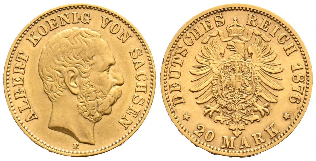 PEUS 1678 Kaiserreich - Sachsen 7,16 g Feingold. Albert (1873 - 1902) 20 Mark GOLD 1876 E Kl. Randfehler, Sehr schön