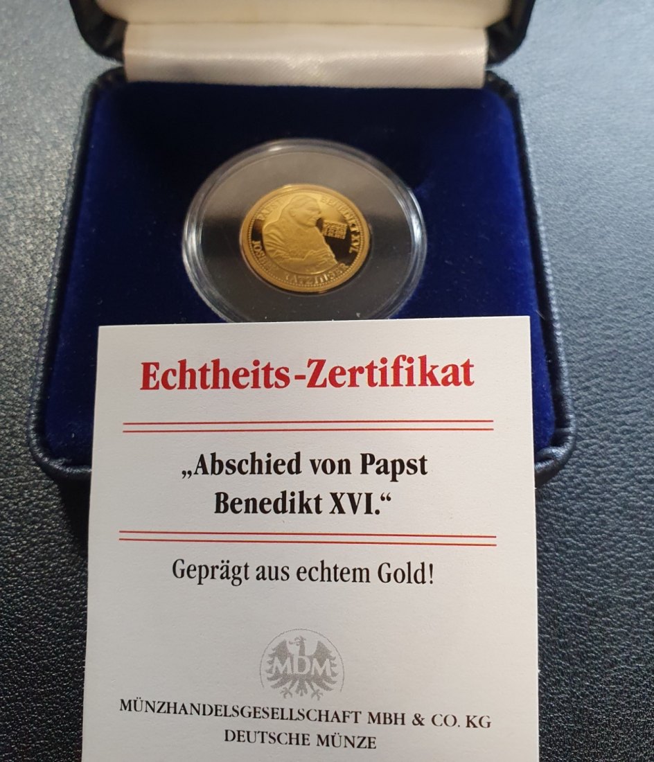  Medaille aus Gold Abschied von Papst Benedikt XVI 0,92 gr. fein im Etui und mit Zertifikat   