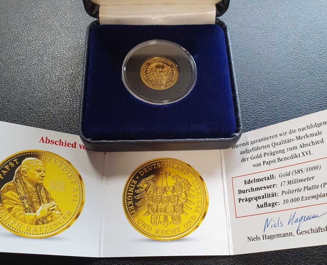  Medaille aus Gold Abschied von Papst Benedikt XVI 0,92 gr. fein im Etui und mit Zertifikat   