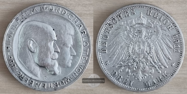  Dt. Kaiserreich. Württemberg, Wilhelm II. 3 Mark 1911 F Silb. Hochzeit FM-Frankfurt  Feinsilber: 15g   