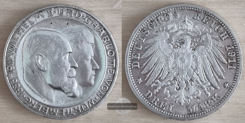  Dt. Kaiserreich. Württemberg, Wilhelm II. 3 Mark 1911 F Silb. Hochzeit FM-Frankfurt  Feinsilber: 15g   