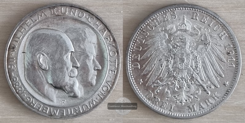  Dt. Kaiserreich. Württemberg, Wilhelm II. 3 Mark 1911 F Silb. Hochzeit FM-Frankfurt  Feinsilber: 15g   