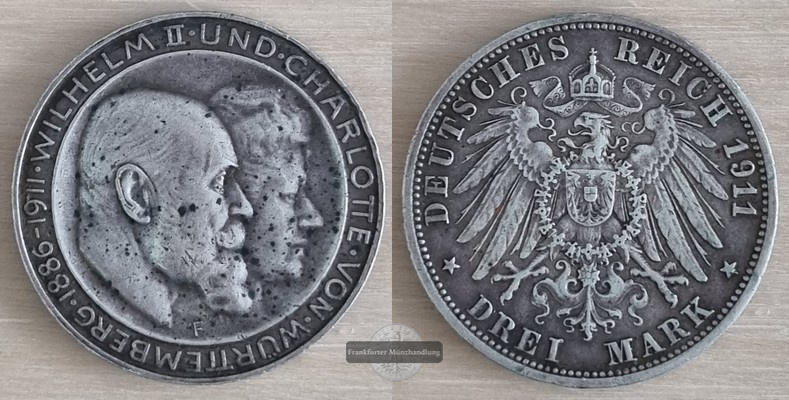  Dt. Kaiserreich. Württemberg, Wilhelm II. 3 Mark 1911 F Silb. Hochzeit FM-Frankfurt  Feinsilber: 15g   