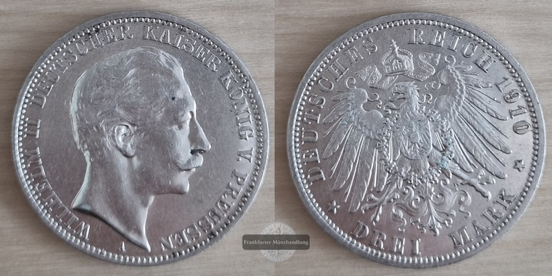  Deutsches Kaiserreich. Preussen, Wilhelm II. 3 Mark  1910 A  FM-Frankfurt   Feinsilber: 15g   