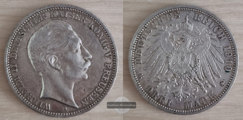  Deutsches Kaiserreich. Preussen, Wilhelm II. 3 Mark  1910 A  FM-Frankfurt   Feinsilber: 15g   