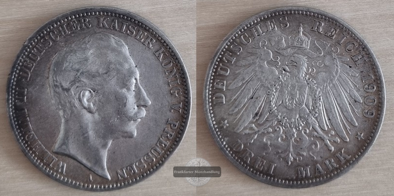 Deutsches Kaiserreich. Preussen, Wilhelm II. 3 Mark  1909 A  FM-Frankfurt   Feinsilber: 15g   