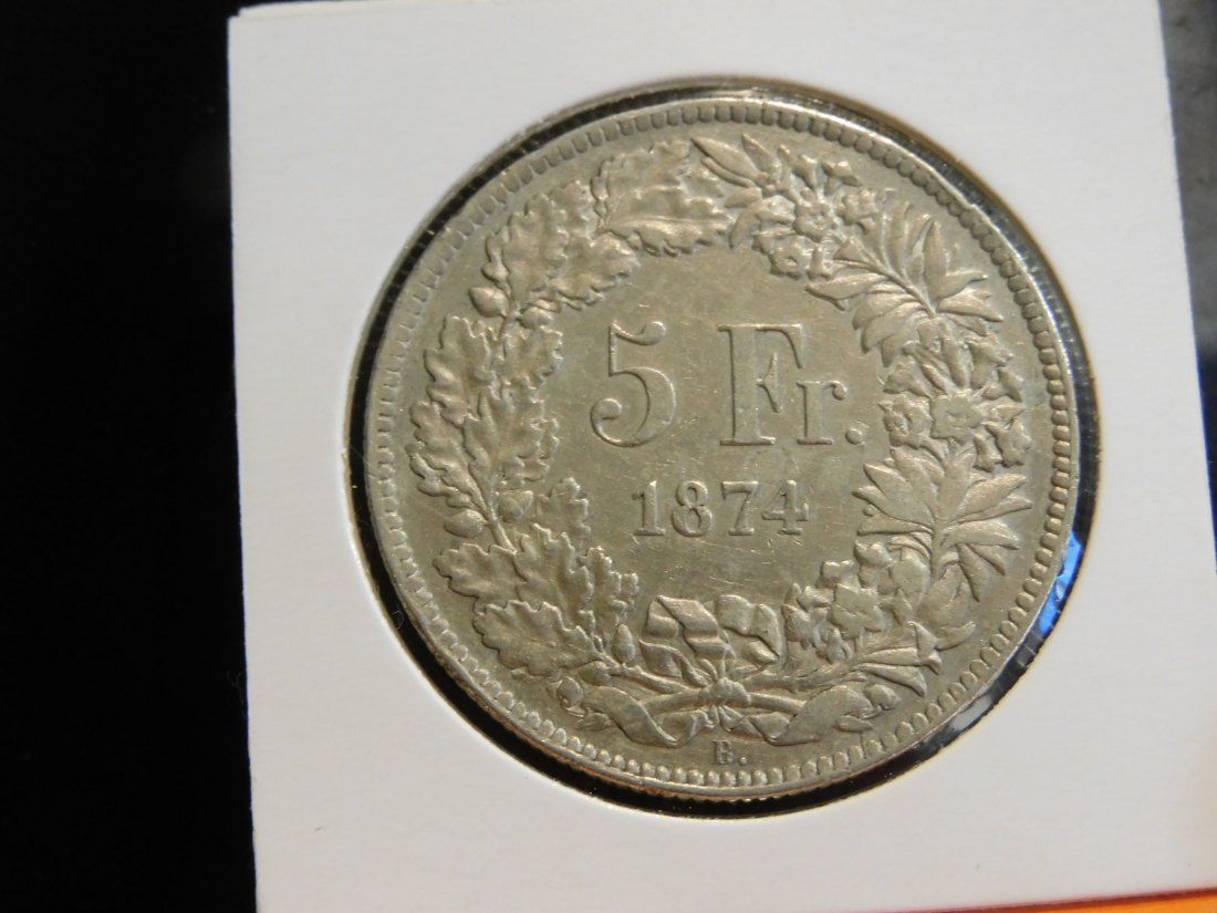  SWITZERLAND 5 FRANCS 1874B. WITH DOT.GRADE-PLEASE SEE PHOTOS.   