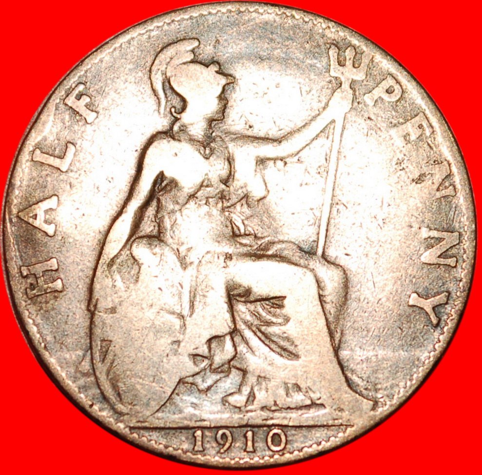 * MISTRESS OF SEAS: GREAT BRITAIN ★ HALF PENNY 1910! EDWARD VII (1902-1910) LOW START ★ NO RESERVE!